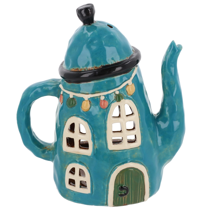 Teekanne-Haus Keramik Teelicht, blau | Village Pottery