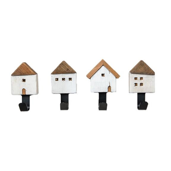 Kleiderhaken im Vintage-Stil, 4-teiliges Set Häuser Holz