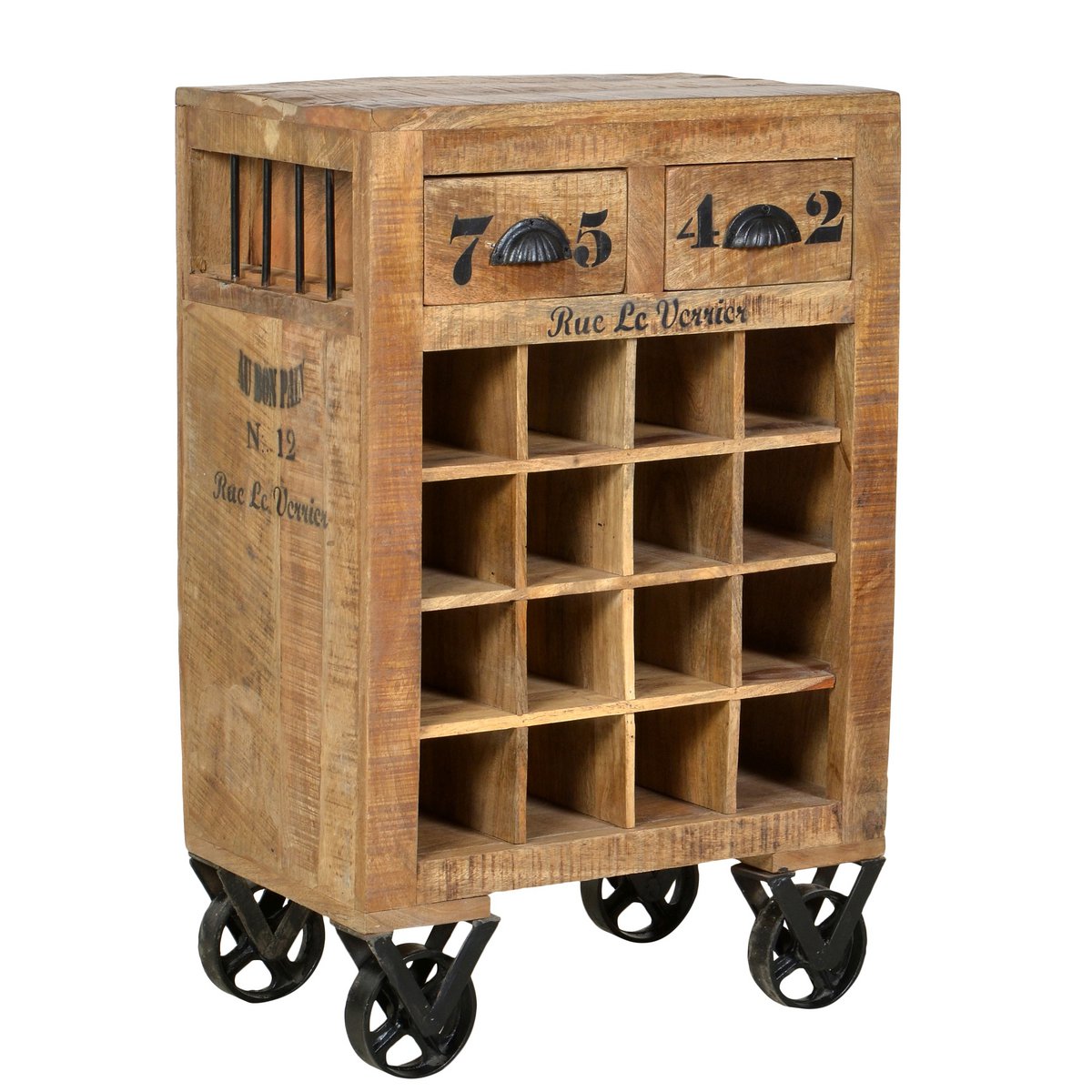 Vintage Wein-Kommode Mango-Altholz für 16 Flaschen + Schubfächer
